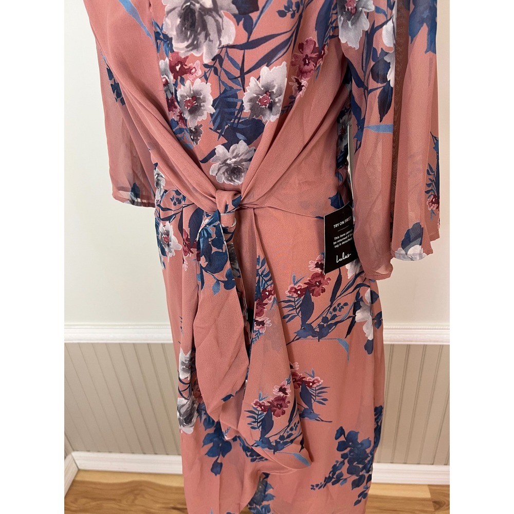 Lulus Dusty Rose Floral Faux Wrap Midi Dress Tie Front Keyhole Small NEW - Picture 8 of 12